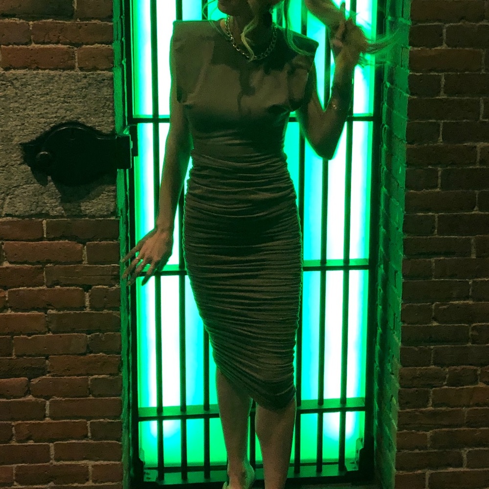 Olive Green Ruched Midi Dress